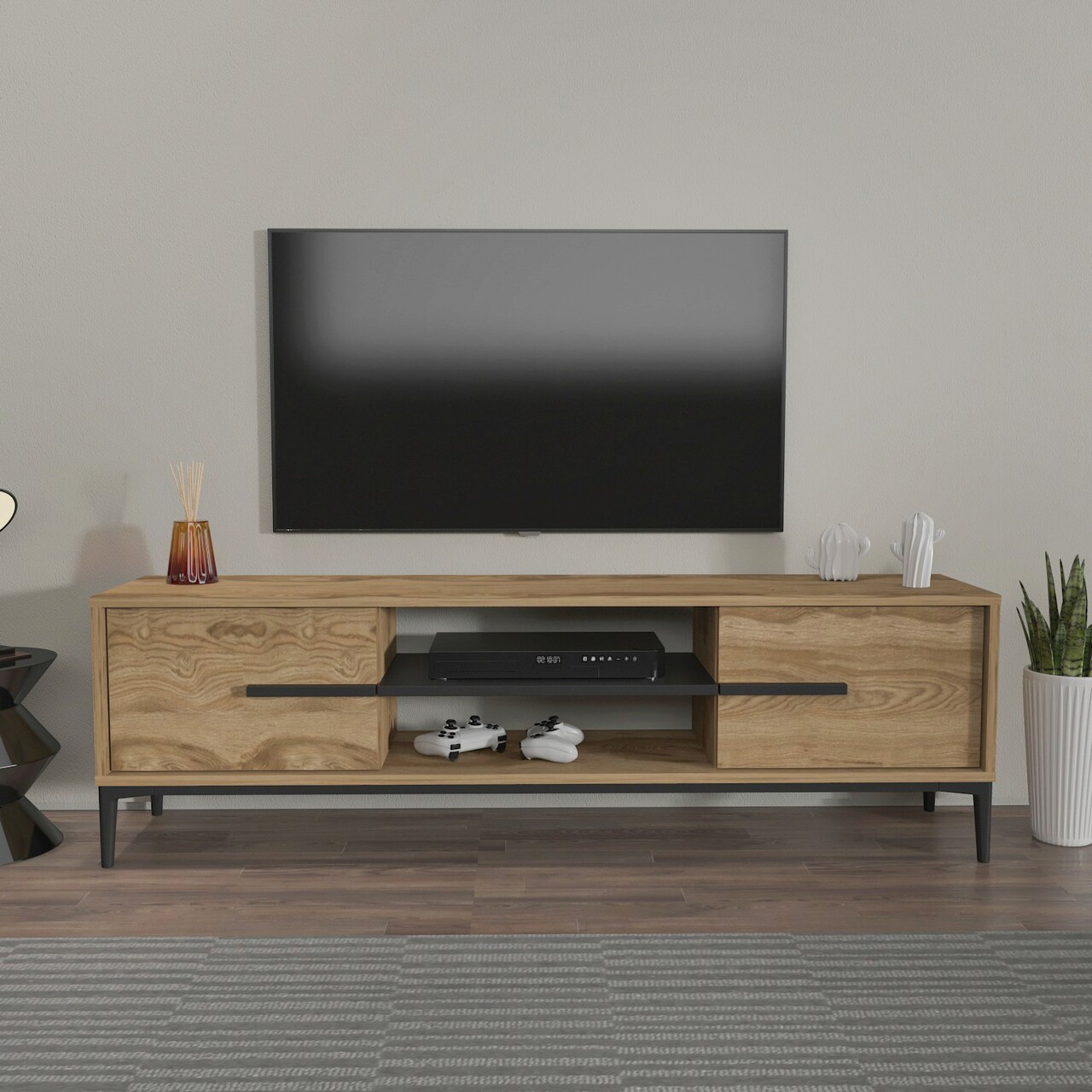 Comoda TV, Hanah Home, Eslem, 120x43.6x29.6 cm, Stejar / Negru - imagine 6